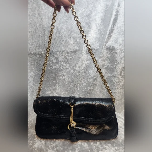 Henri Bendel Black Snake Leather Gold Chain Shoulder Clutch Bag - Picture 7 of 8
